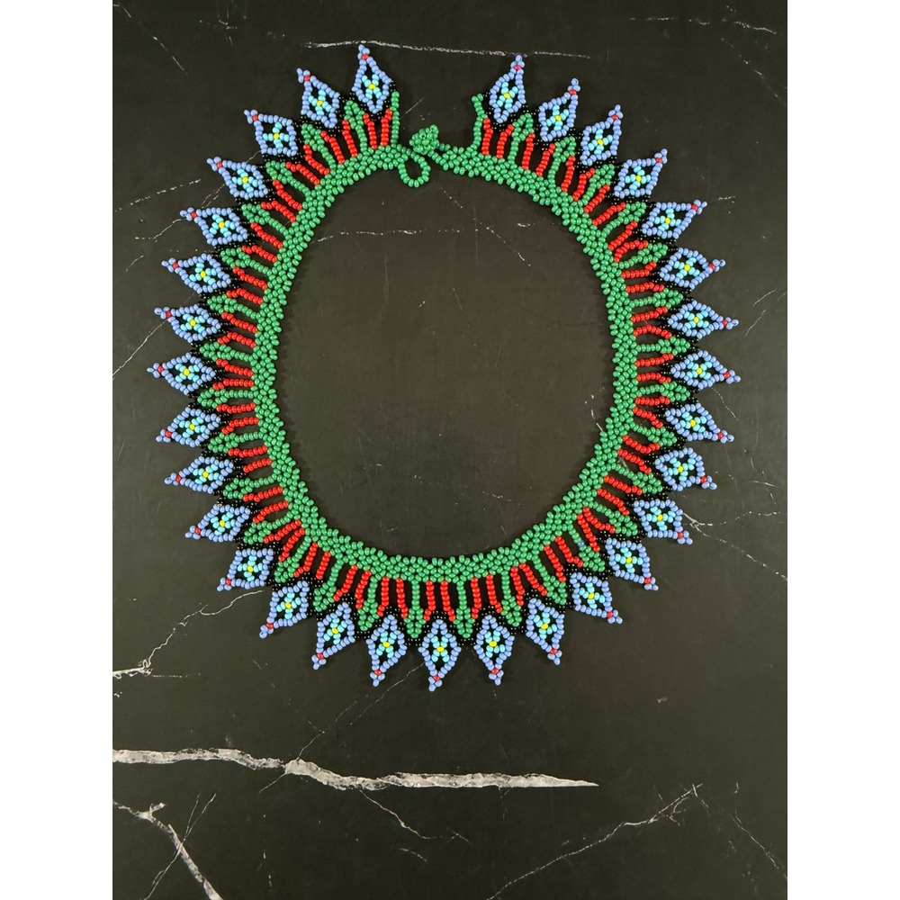 Hand Beaded Tetta Colombia Necklace Collar by Embera Artisans 15in Blue Red